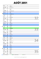 calendrier août 2051 au format portrait pour prendre des notes