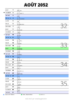 calendrier août 2052 au format portrait pour prendre des notes