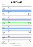 calendrier août 2056 au format portrait pour prendre des notes