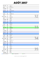 calendrier août 2057 au format portrait pour prendre des notes