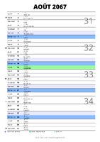 calendrier août 2067 au format portrait pour prendre des notes