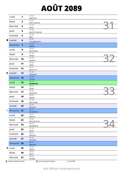 calendrier août 2089 au format portrait pour prendre des notes