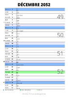 calendrier décembre 2052 au format portrait pour prendre des notes
