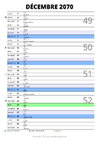 calendrier décembre 2070 au format portrait pour prendre des notes