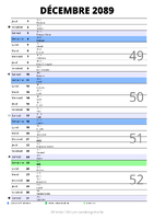 calendrier décembre 2089 au format portrait pour prendre des notes