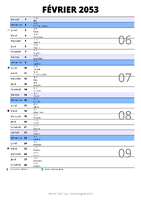 calendrier février 2053 au format portrait pour prendre des notes