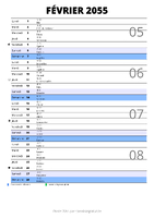 calendrier février 2055 au format portrait pour prendre des notes