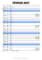 calendrier février 2057 au format portrait pour prendre des notes