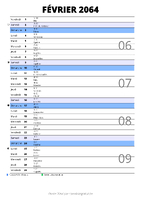 calendrier février 2064 au format portrait pour prendre des notes