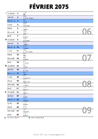 calendrier février 2075 au format portrait pour prendre des notes