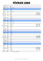 calendrier février 2086 au format portrait pour prendre des notes