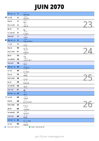 calendrier juin 2070 au format portrait pour prendre des notes