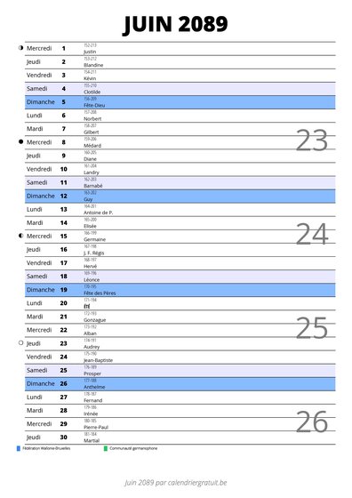 calendrier juin 2089 au format portrait pour prendre des notes