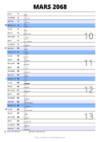 calendrier mars 2068 au format portrait pour prendre des notes