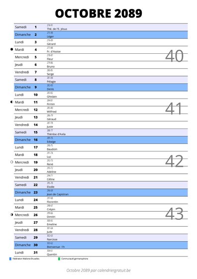 calendrier octobre 2089 au format portrait pour prendre des notes