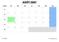 calendrier août 2067 au format paysage