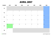 calendrier avril 2057 au format paysage