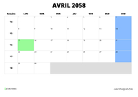 calendrier avril 2058 calendrier avril 2058 au format paysage