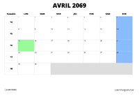 calendrier avril 2069 au format paysage