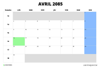 calendrier avril 2085 au format paysage