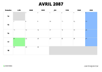 calendrier avril 2087 calendrier avril 2087 au format paysage