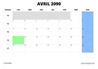 calendrier avril 2090 calendrier avril 2090 au format paysage