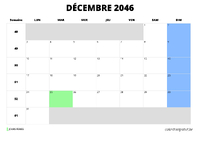 calendrier décembre 2046 au format paysage