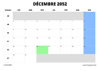 calendrier décembre 2052 au format paysage