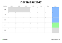 calendrier décembre 2067 au format paysage