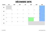 calendrier décembre 2076 au format paysage