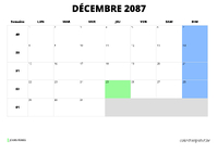 calendrier décembre 2087 au format paysage