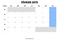 calendrier février 2075 au format paysage