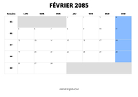 calendrier février 2085 calendrier février 2085 au format paysage