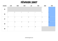 calendrier février 2087 calendrier février 2087 au format paysage