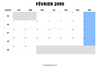 calendrier février 2090 calendrier février 2090 au format paysage