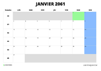 calendrier janvier 2061 au format paysage