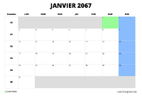 calendrier janvier 2067 au format paysage
