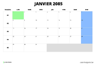 calendrier janvier 2085 au format paysage