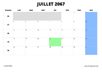 calendrier juillet 2067 au format paysage