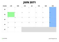calendrier juin 2071 au format paysage