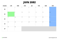 calendrier juin 2082 au format paysage
