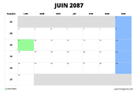 calendrier juin 2087 calendrier juin 2087 au format paysage