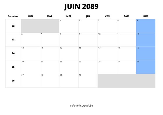 calendrier juin 2089 calendrier juin 2089 au format paysage