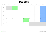 calendrier mai 2085 au format paysage
