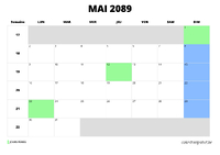 calendrier mai 2089 au format paysage