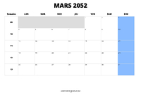 calendrier mars 2052 au format paysage