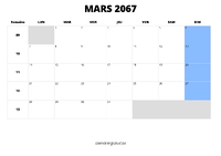calendrier mars 2067 au format paysage