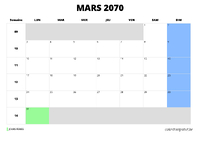 calendrier mars 2070 calendrier mars 2070 au format paysage