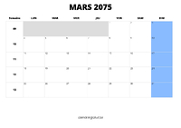 calendrier mars 2075 calendrier mars 2075 au format paysage