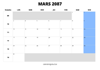 calendrier mars 2087 au format paysage